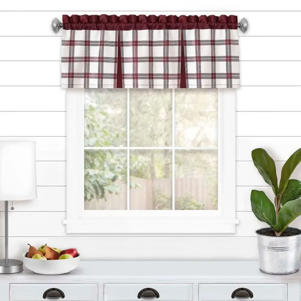 PowerSellerUSA Semi-Sheer Two-Tone Modern Kitchen Curtain with Classic Plaid